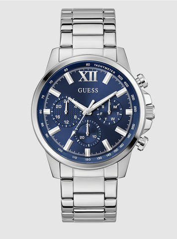 GUESS Accessories Silver Blue Dial Walker Watch GW0900G4 Front View