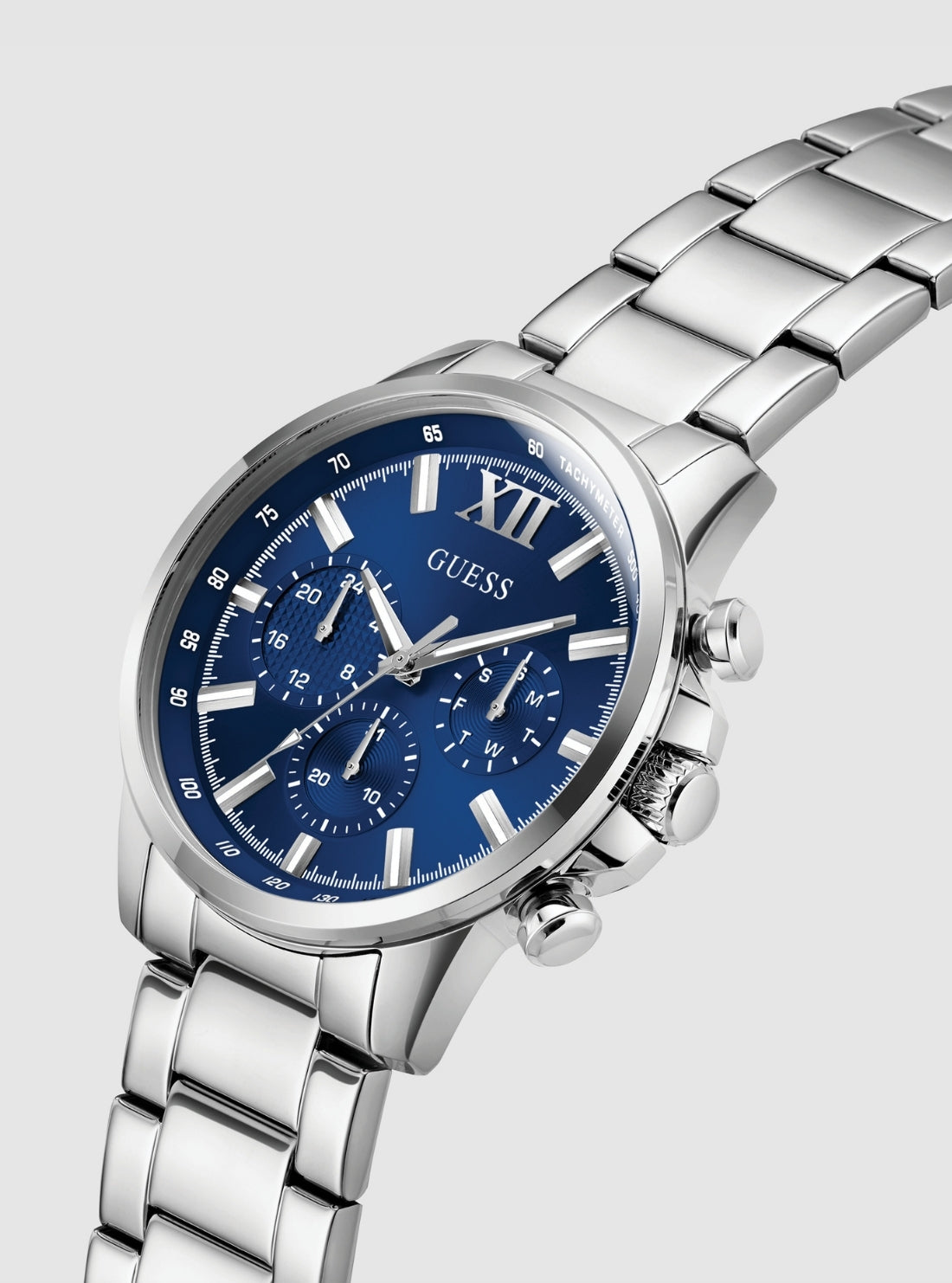 GUESS Accessories Silver Blue Dial Walker Watch GW0900G4 Front Side View