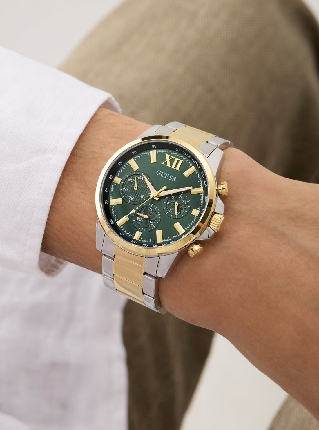 GUESS Accessories Gold Silver Green Dial Walker Watch GW0900G5 Detail View