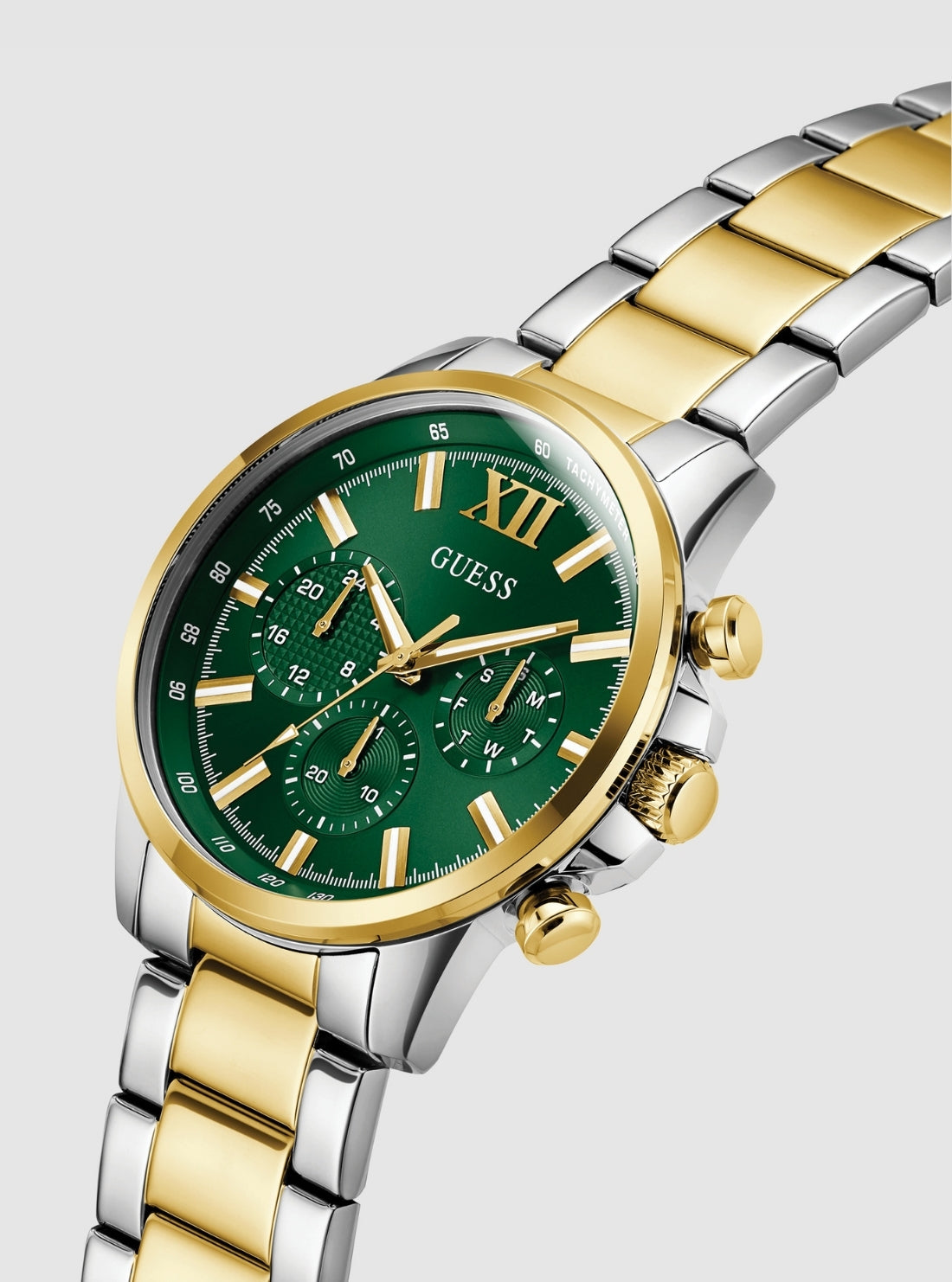 GUESS Accessories Gold Silver Green Dial Walker Watch GW0900G5 Front Side View