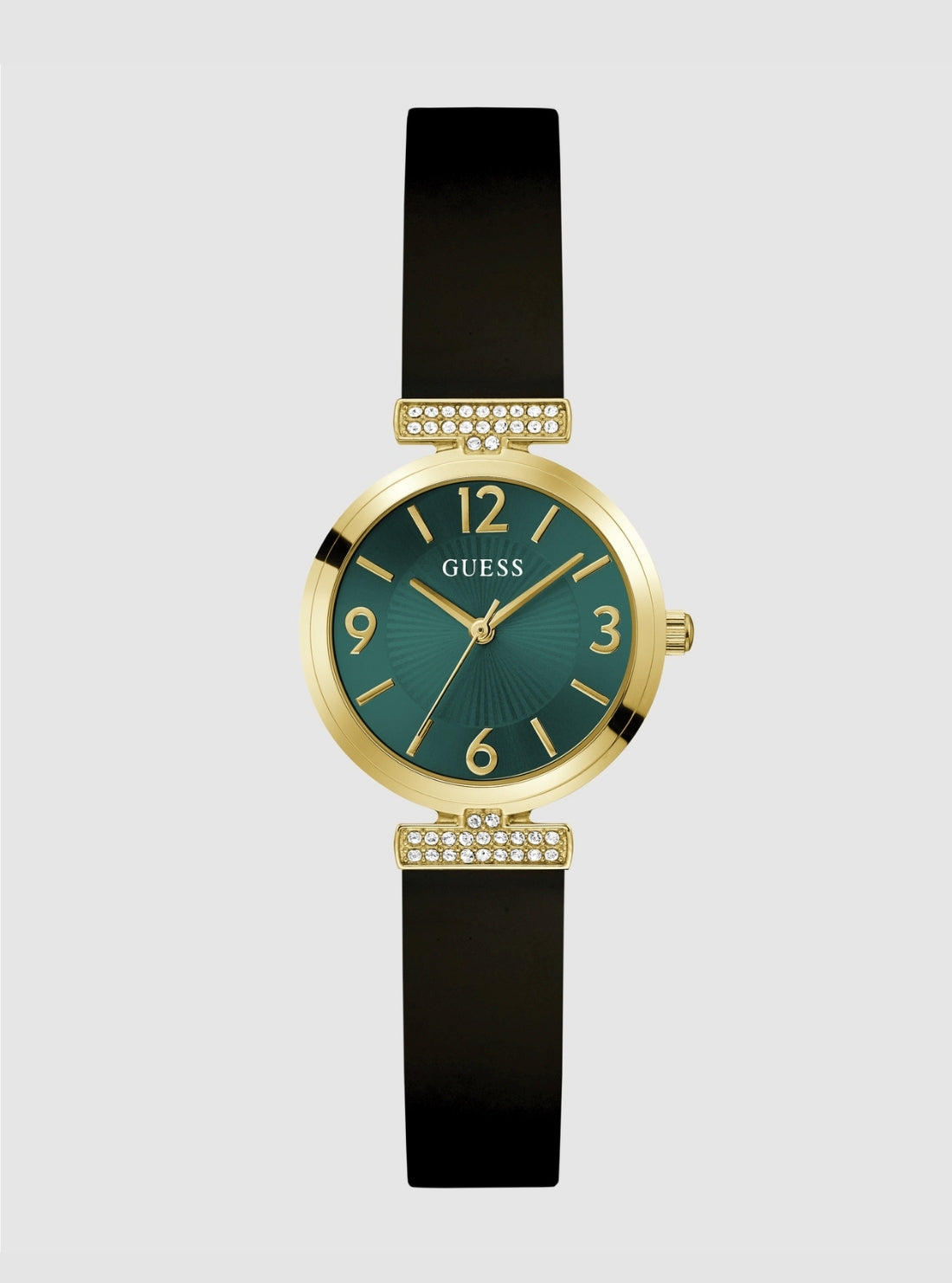 GUESS Accessories Gold Black Array Green Dial Crystal Watch GW0912L4 Front View