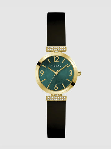 GUESS Accessories Gold Black Array Green Dial Crystal Watch GW0912L4 Front View