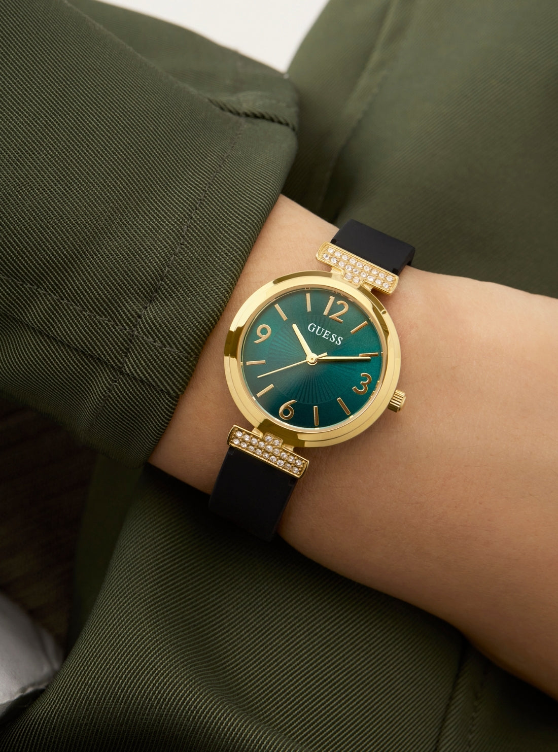 GUESS Accessories Gold Black Array Green Dial Crystal Watch GW0912L4 Detail view