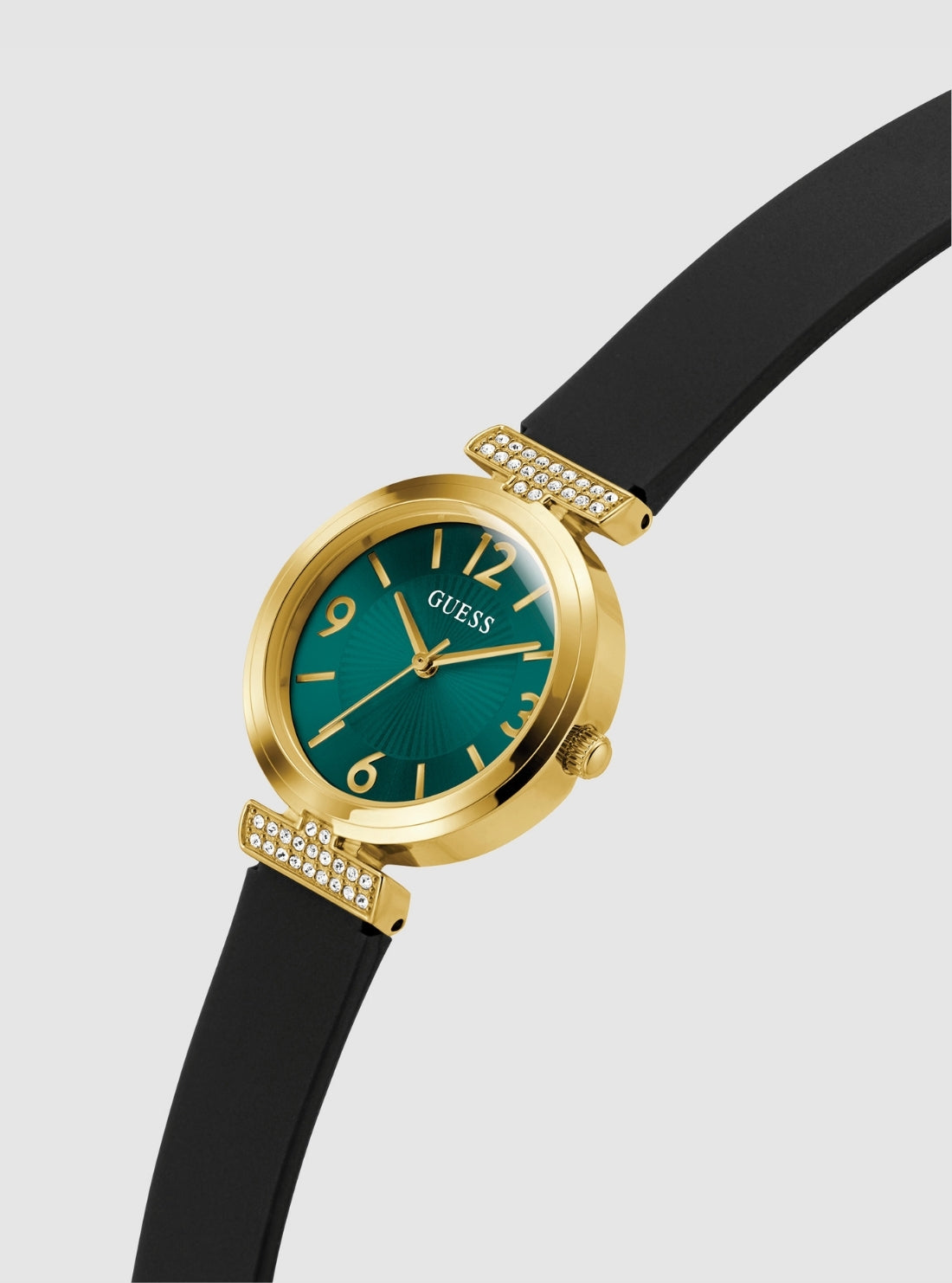 GUESS Accessories Gold Black Array Green Dial Crystal Watch GW0912L4 Side view