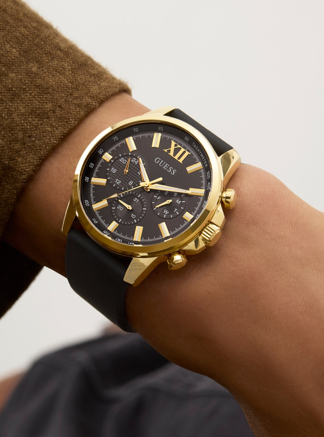 GUESS Accessories Black Gold Silicone Watch GW0913G2 Detail View