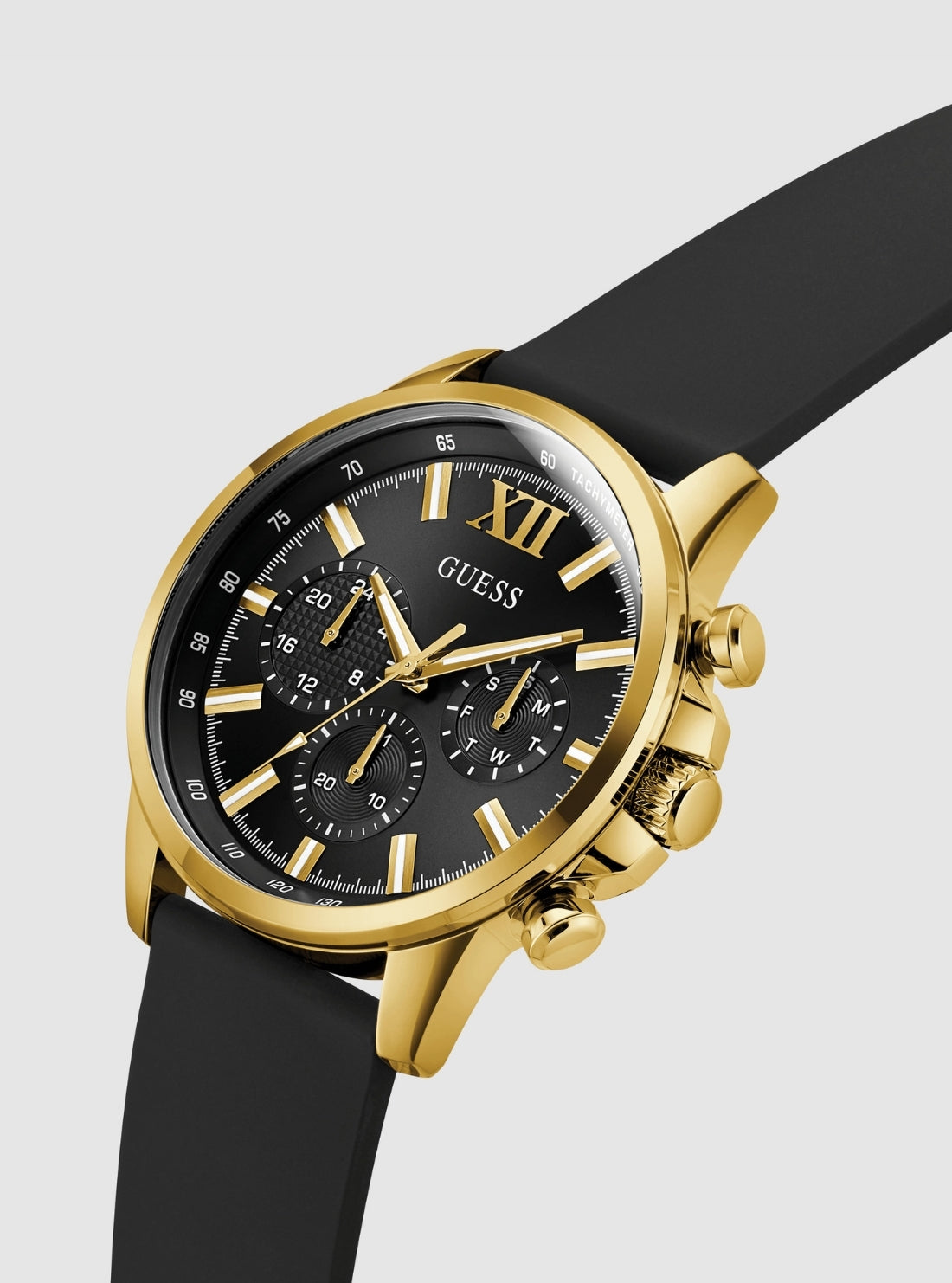 GUESS Accessories Black Gold Silicone Watch GW0913G2 Front Side View