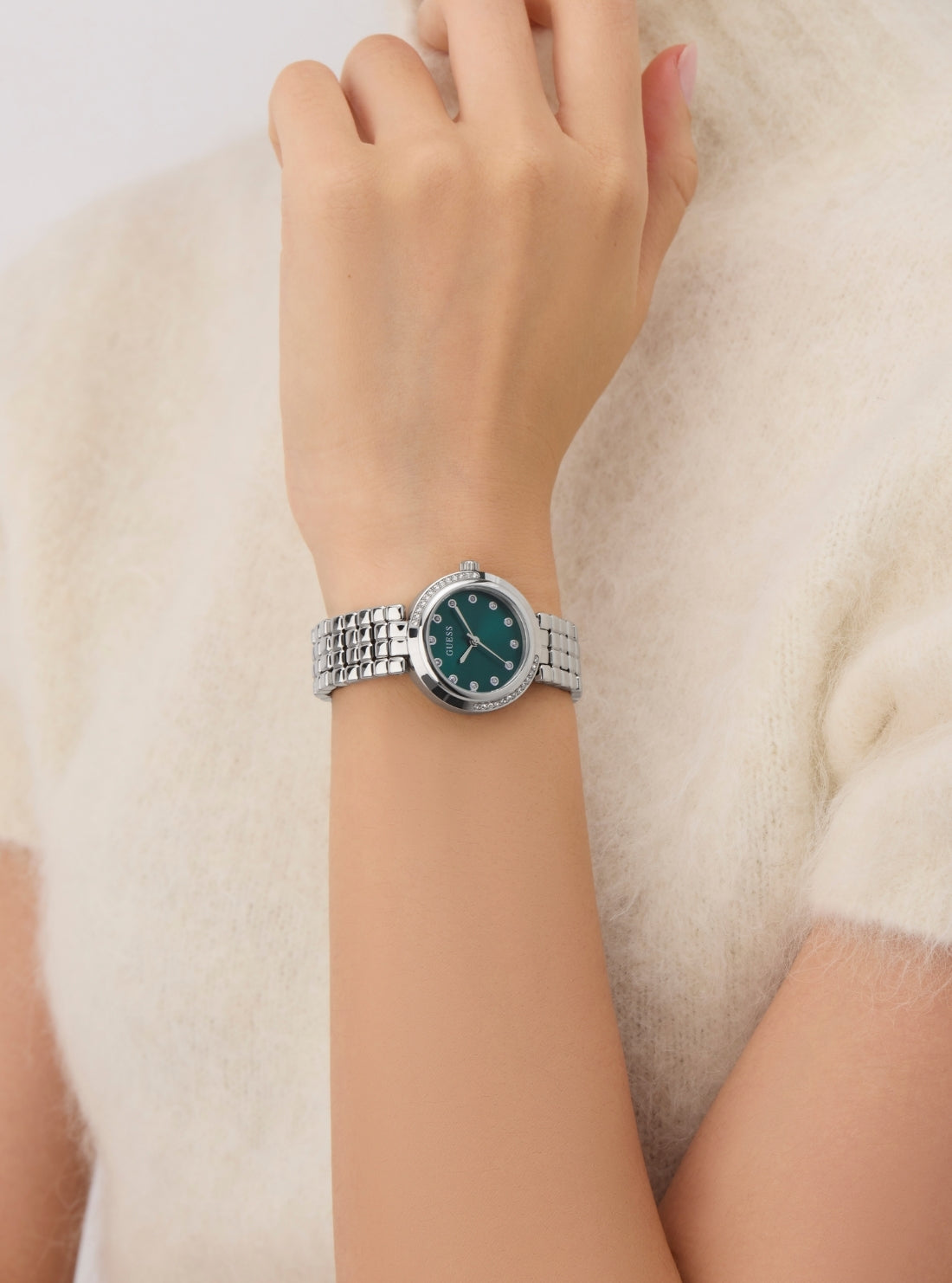 GUESS Accessories Silver Clara Green Dial Watch GW0930L1 Detail View