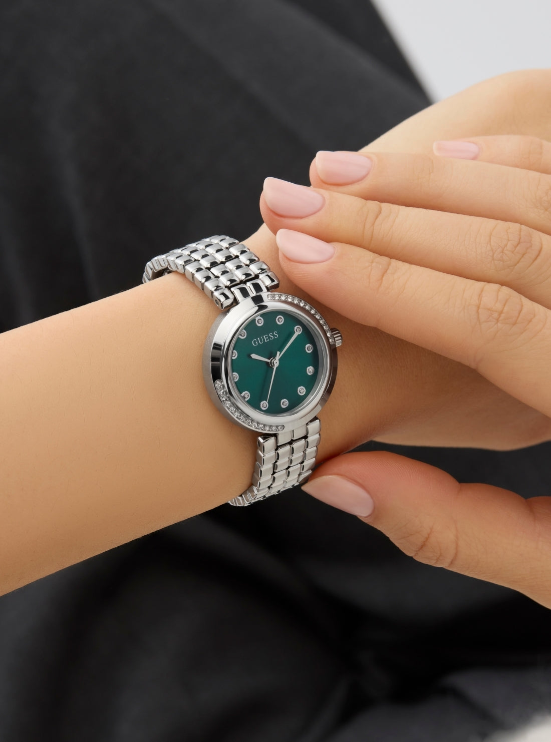 GUESS Accessories Silver Clara Green Dial Watch GW0930L1 Detail View