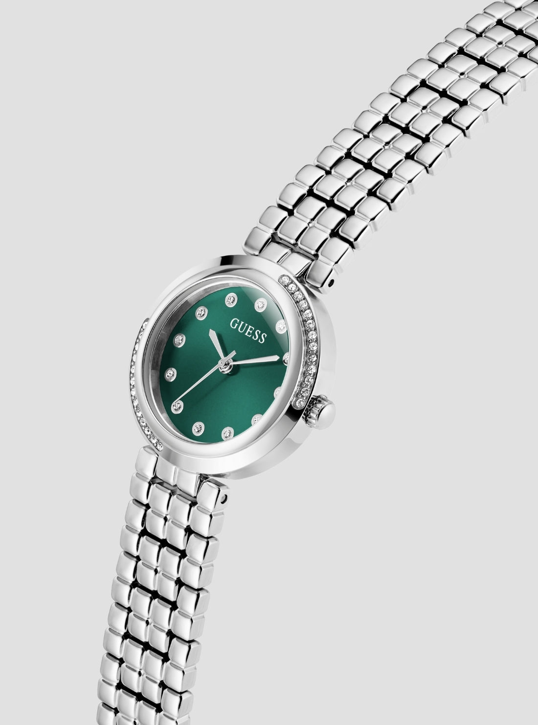 GUESS Accessories Silver Clara Green Dial Watch GW0930L1 Front Side View