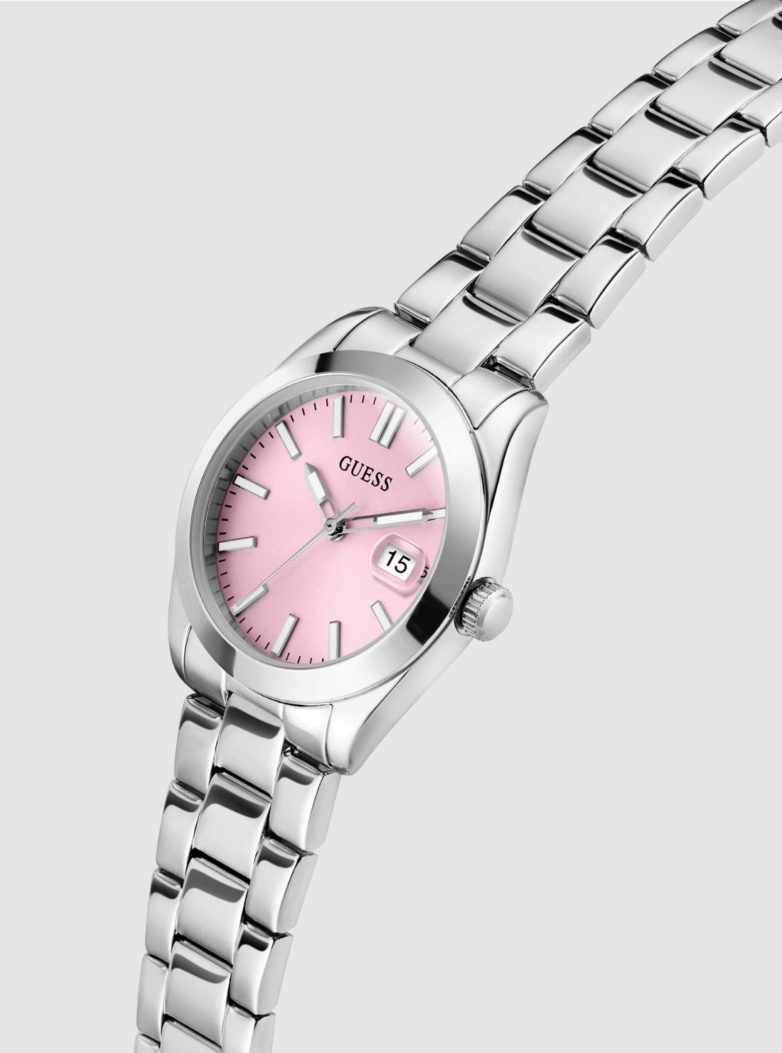 GUESS Accessories Silver Alice Pink Dial Watch GW0934L1 Front Side View
