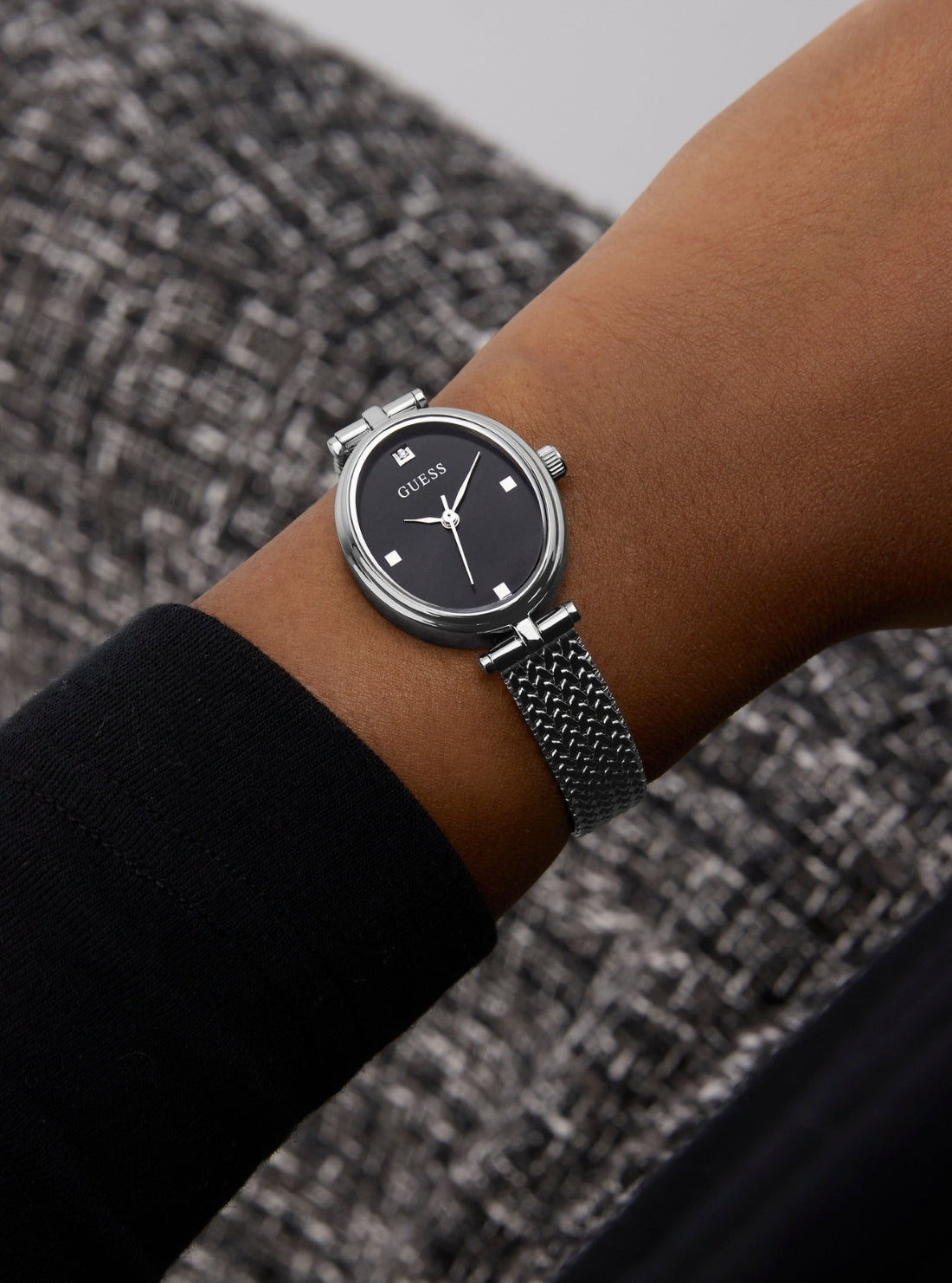 GUESS Accessories Silver Ruby Black Dial Mesh Watch GW0935L1 Detail View