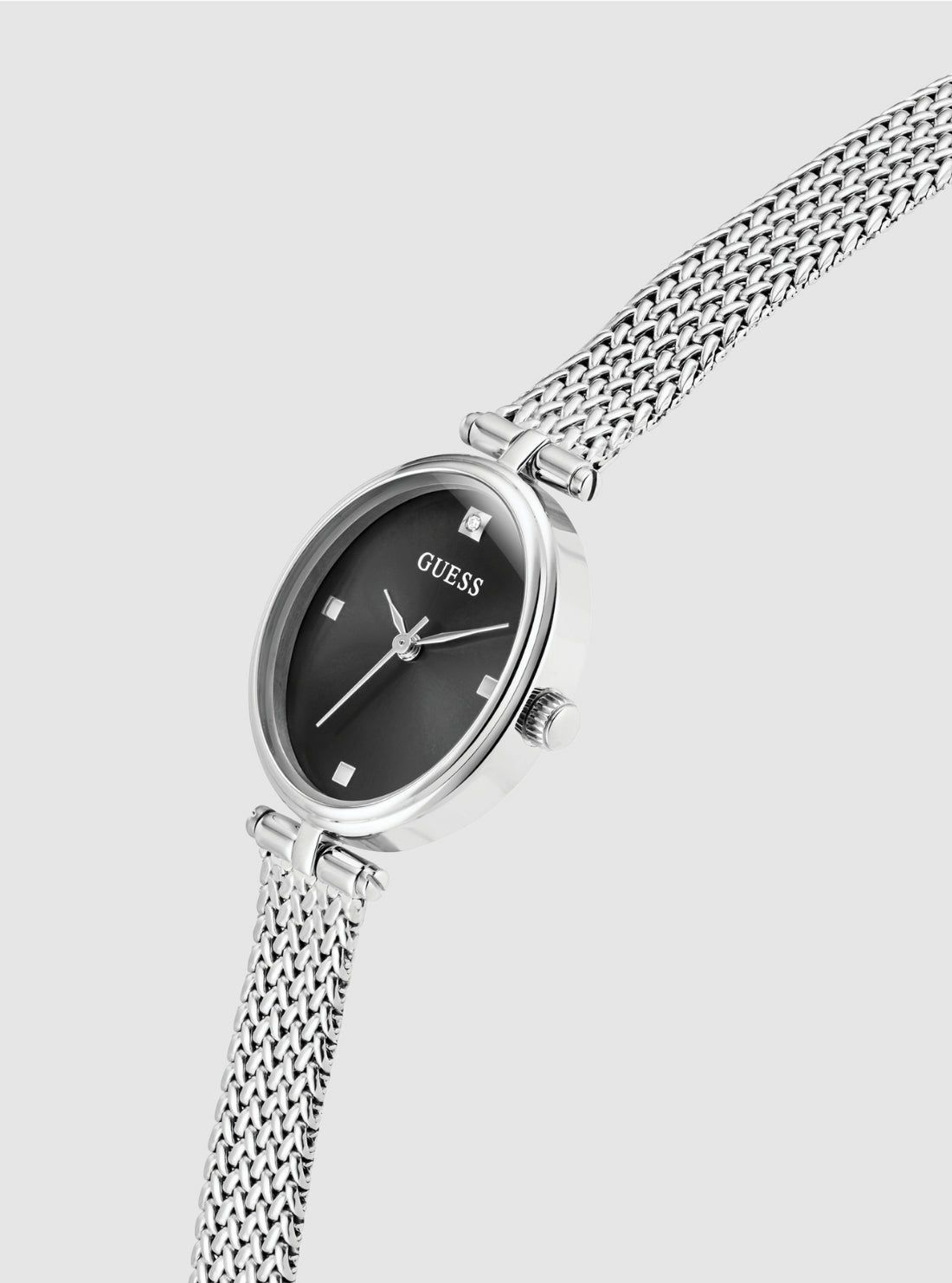 GUESS Accessories Silver Ruby Black Dial Mesh Watch GW0935L1 Front Side View