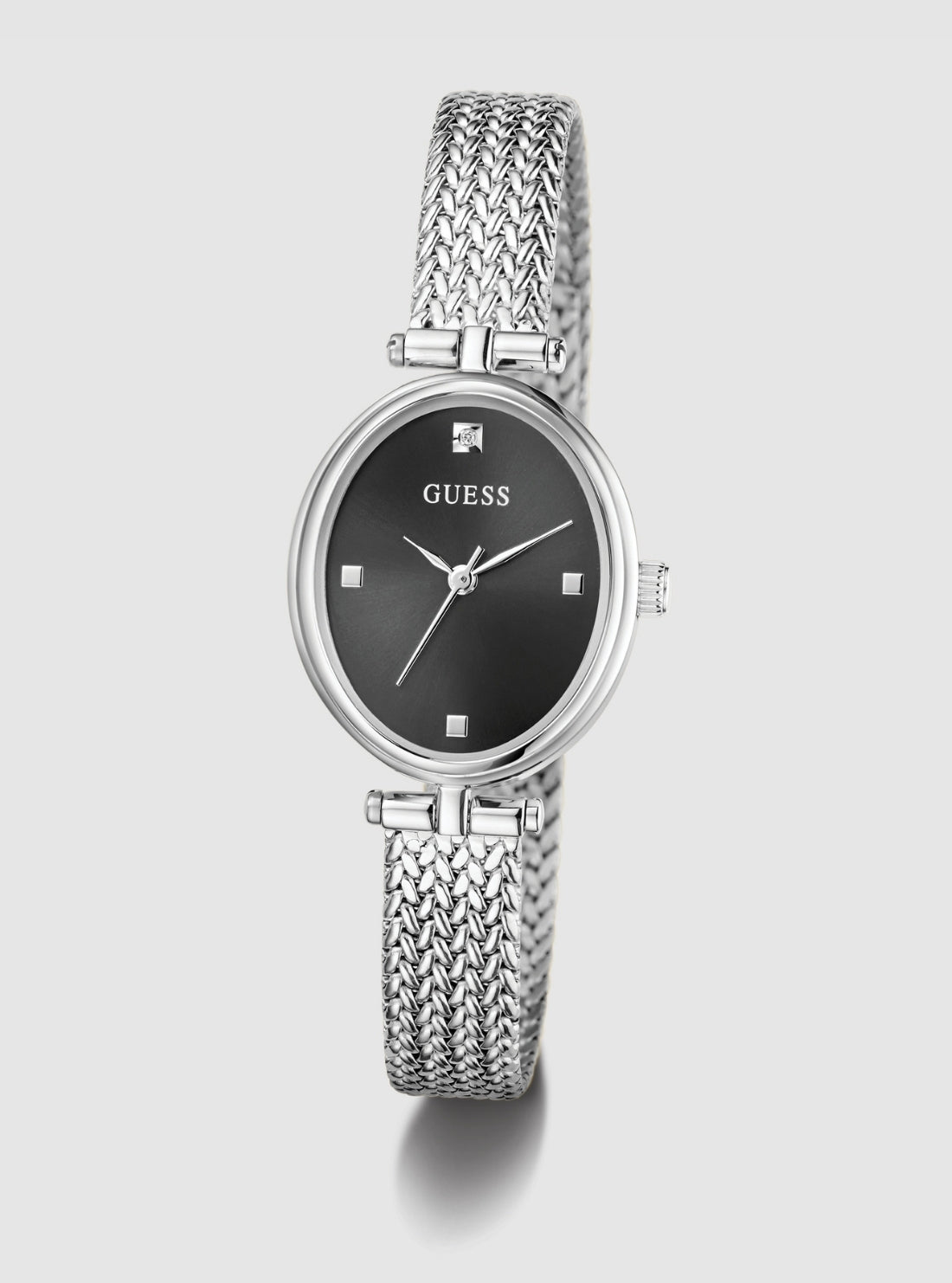 GUESS Accessories Silver Ruby Black Dial Mesh Watch GW0935L1 Front View_2