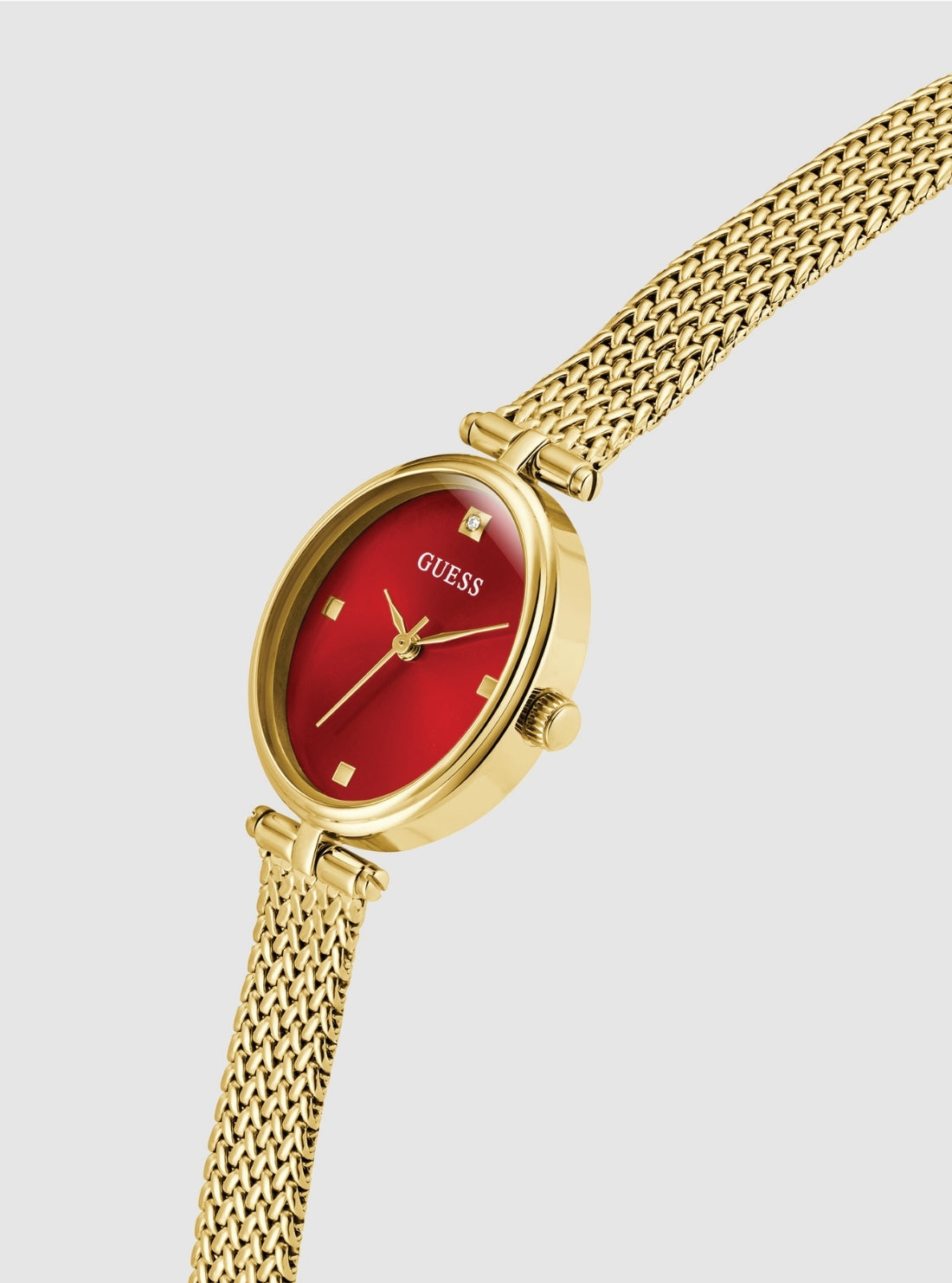 GUESS Accessories Gold Ruby Red Dial Mesh Watch GW0935L4 Front Side View
