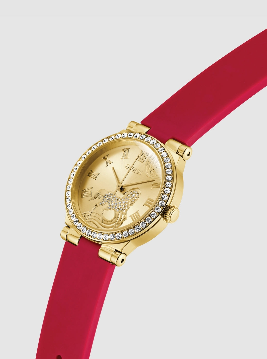 GUESS Womens Red Fawn Crystal Horse Watch GW0937L1 Front Side View