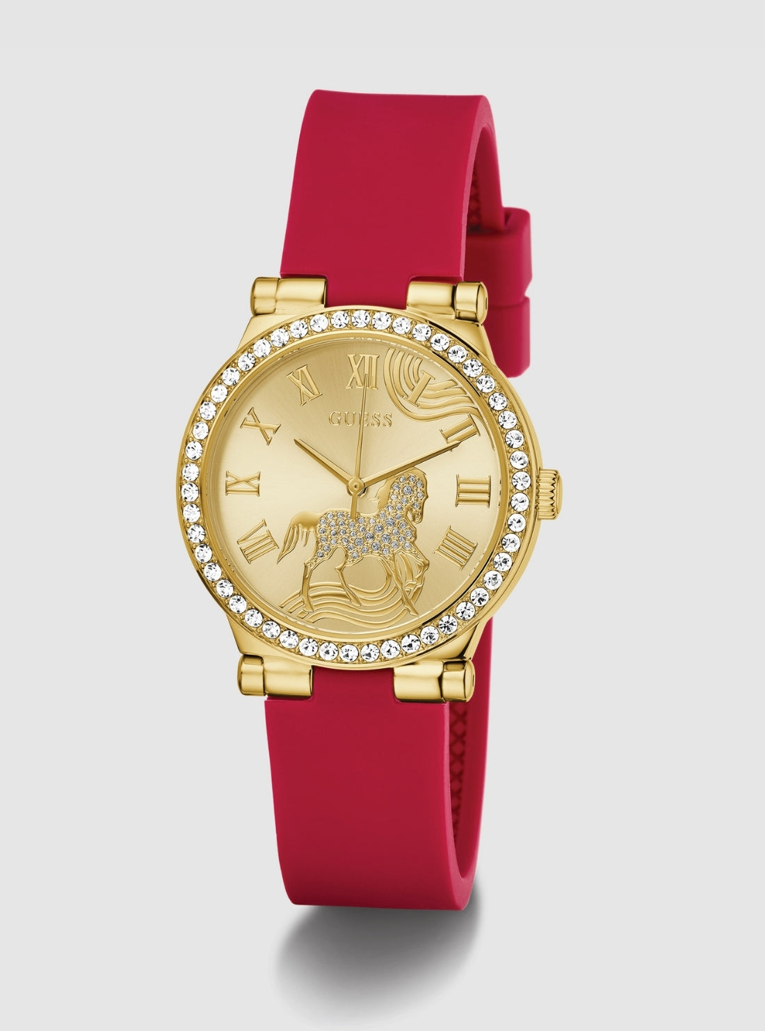 GUESS Womens Red Fawn Crystal Horse Watch GW0937L1 Front Side View