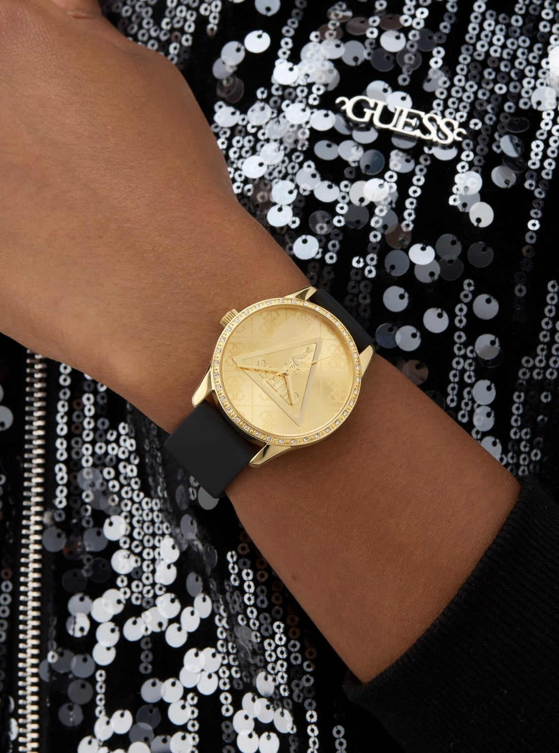 GUESS Accessories Gold Black Roxy Gold Logo Dial Watch GW0942L2 Detail View