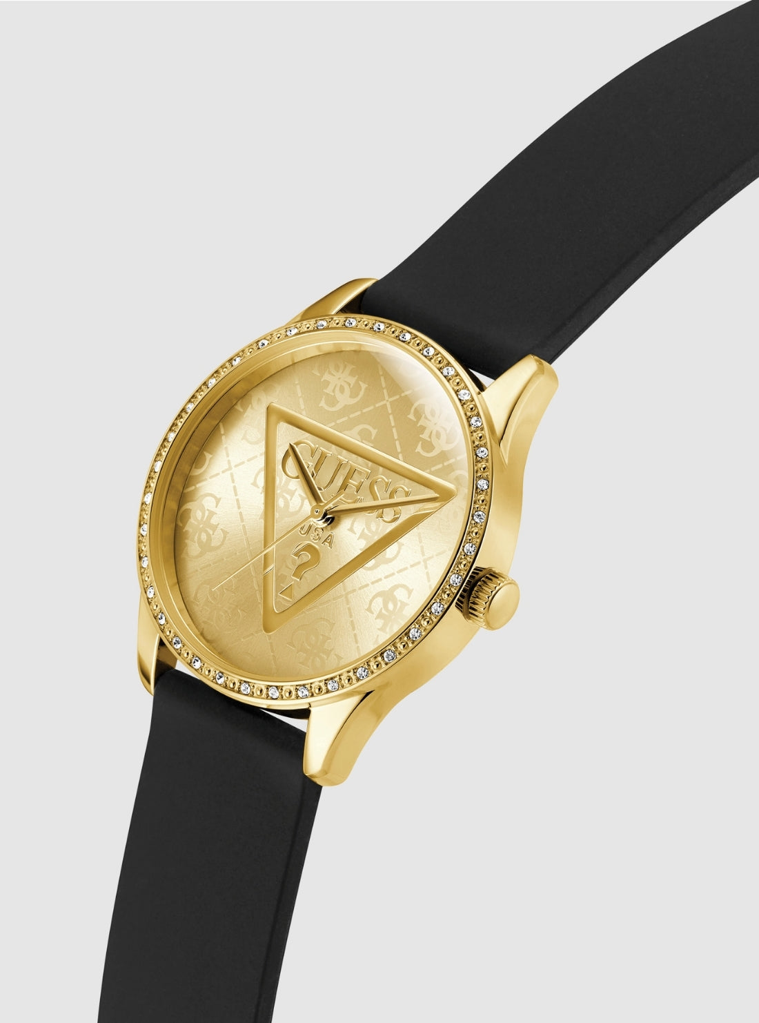 GUESS Accessories Gold Black Roxy Gold Logo Dial Watch GW0942L2 Front Side View