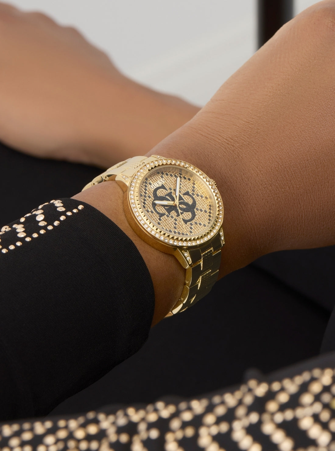 GUESS Accessories Gold G Lace Black Logo Dial Glitz Watch GW0944L2 Detail View