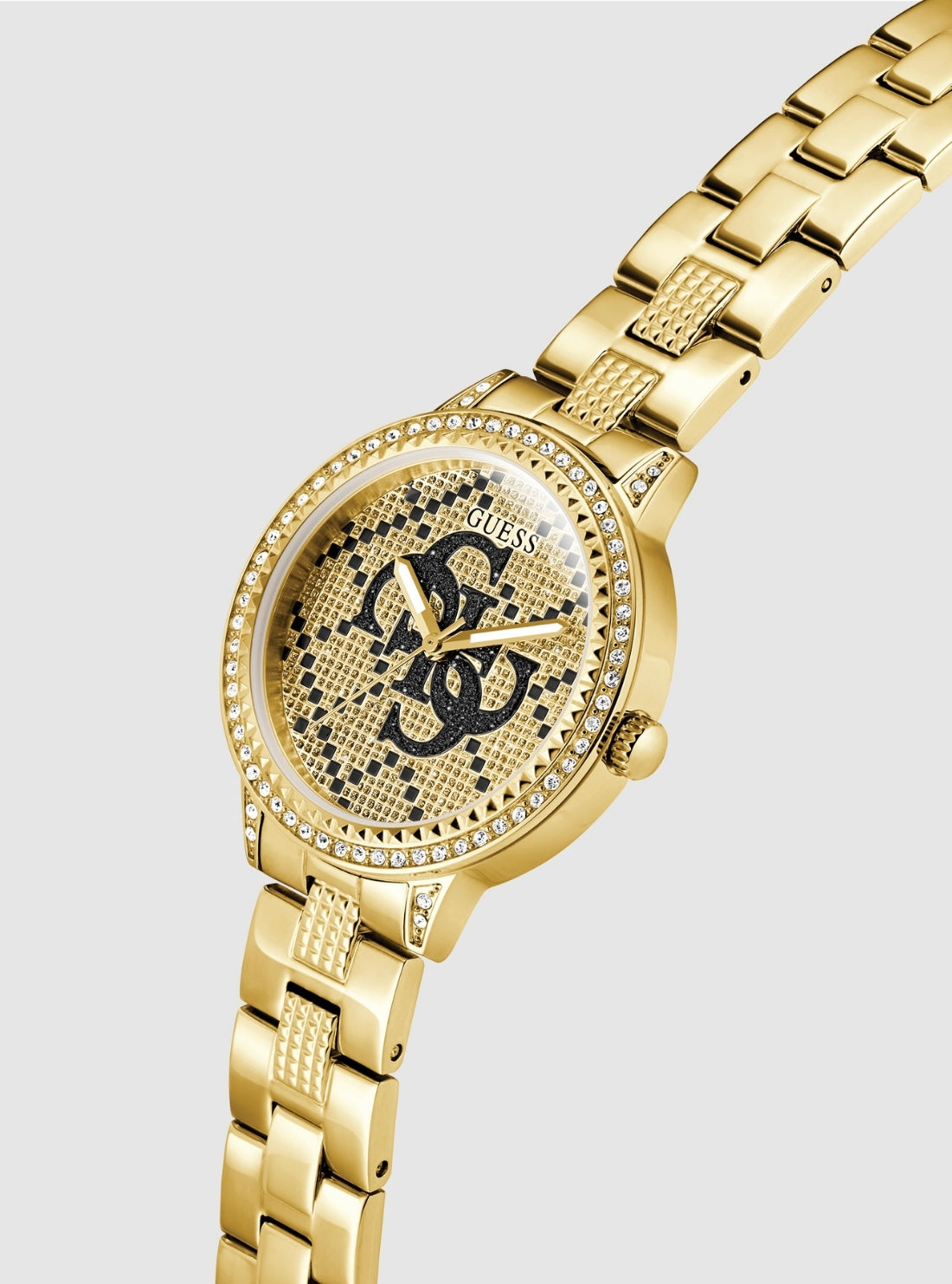 GUESS Accessories Gold G Lace Black Logo Dial Glitz Watch GW0944L2 Front Side View
