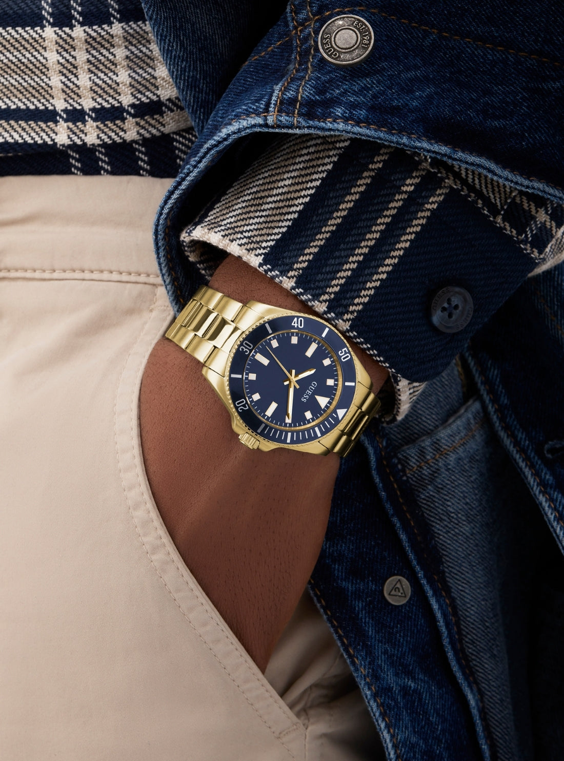 GUESS Accessories Gold Cliff Blue Dial Watch GW0968G2 Detail View