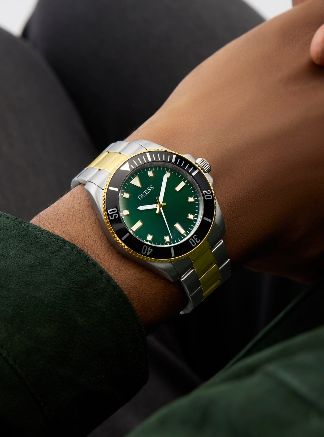 GUESS Accessories Gold-Silver Cliff Green Dial Watch GW0968G4 Detail View