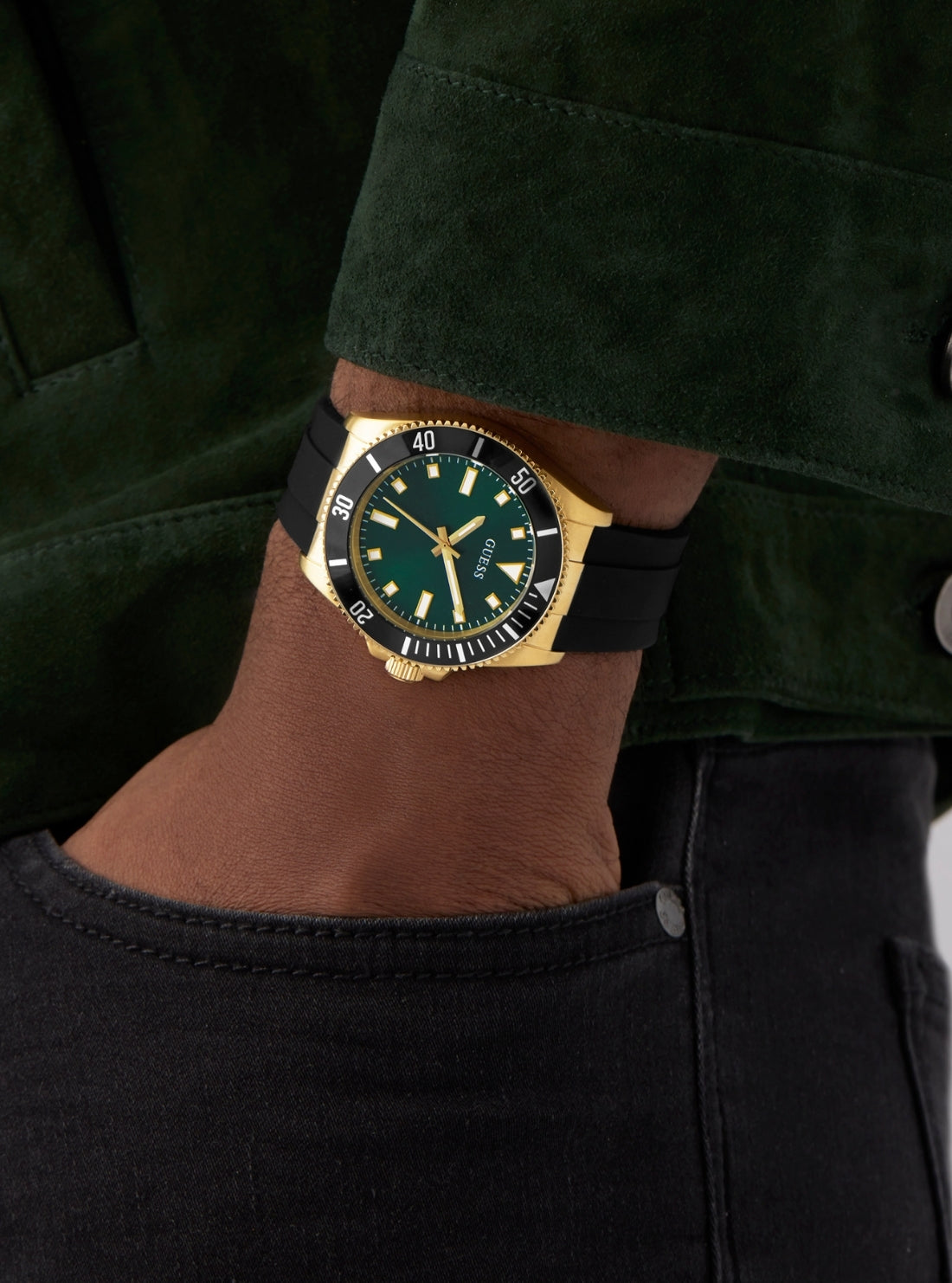 GUESS Accessories Black Cliff Green Dial Watch GW0969G2 Detail view