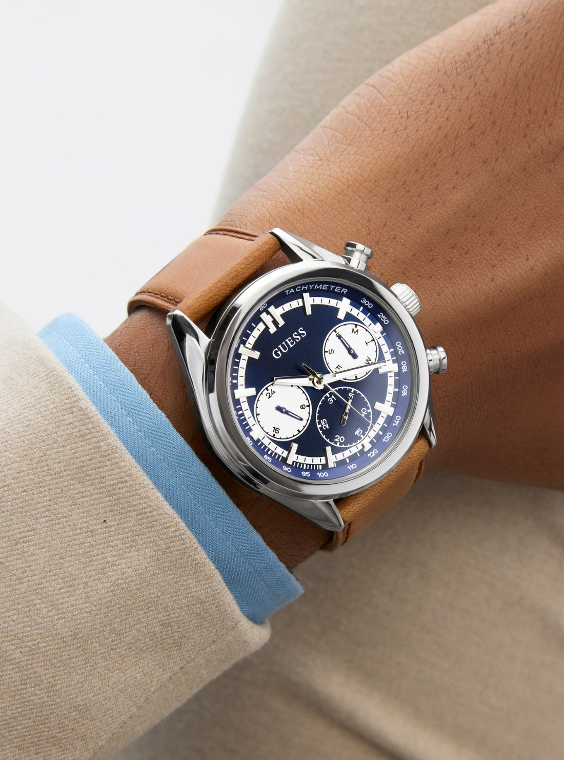 GUESS Accessories Silver Brown Dawson Blue Dial Watch GW0972G1 Detail View