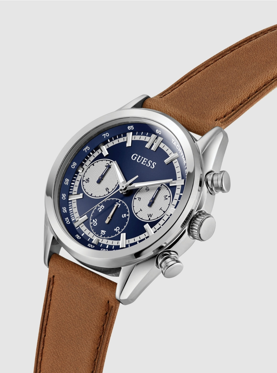 GUESS Accessories Silver Brown Dawson Blue Dial Watch GW0972G1 Front Side View