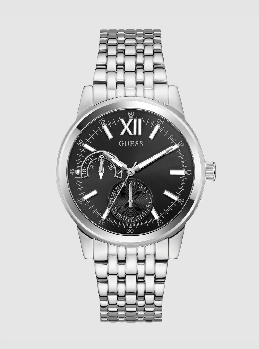 GUESS Accessories Silver Emerson Black Dial Watch GW0976G1 Front View