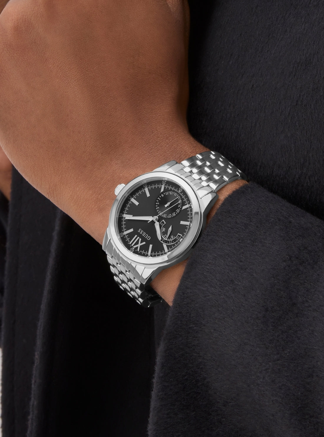 GUESS Accessories Silver Emerson Black Dial Watch GW0976G1 Detail View