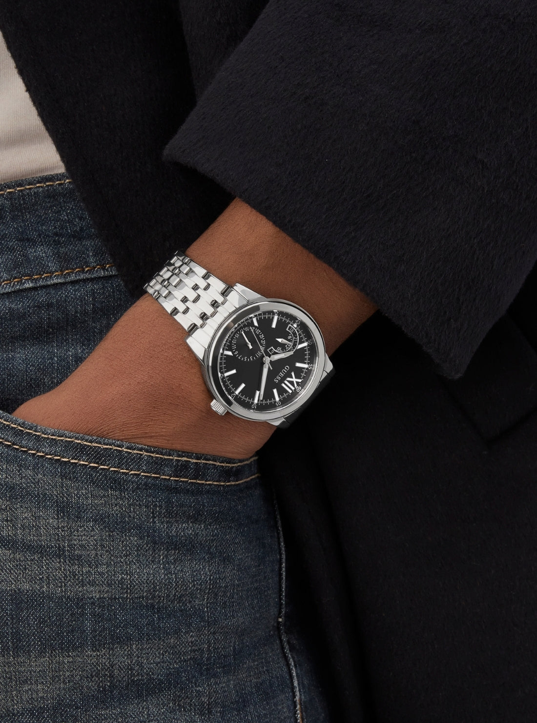 GUESS Accessories Silver Emerson Black Dial Watch GW0976G1 Detail View