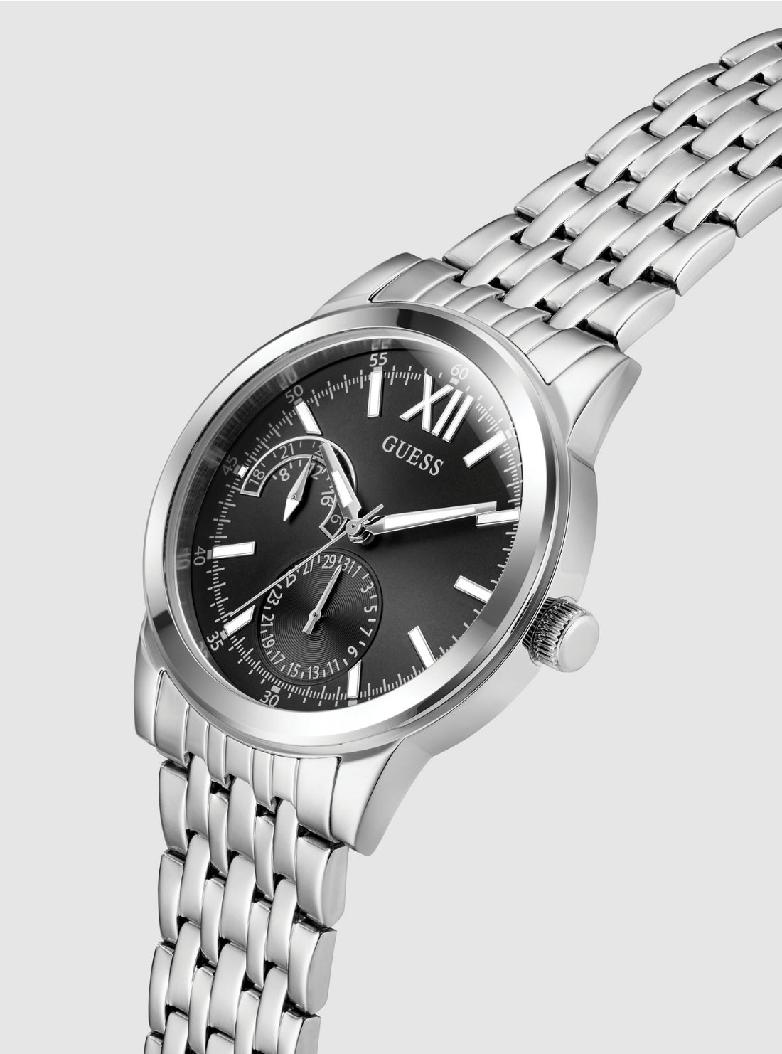 GUESS Accessories Silver Emerson Black Dial Watch GW0976G1 Side View