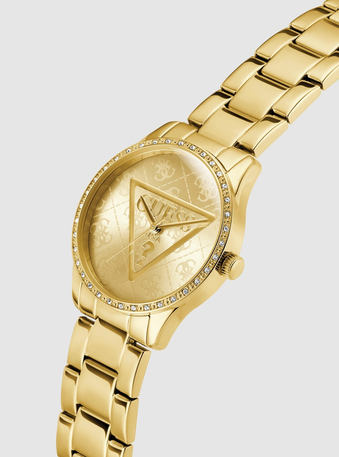 GUESS Accessories Gold Roxy Gold Logo Dial Watch GW0987L2 Front Side View