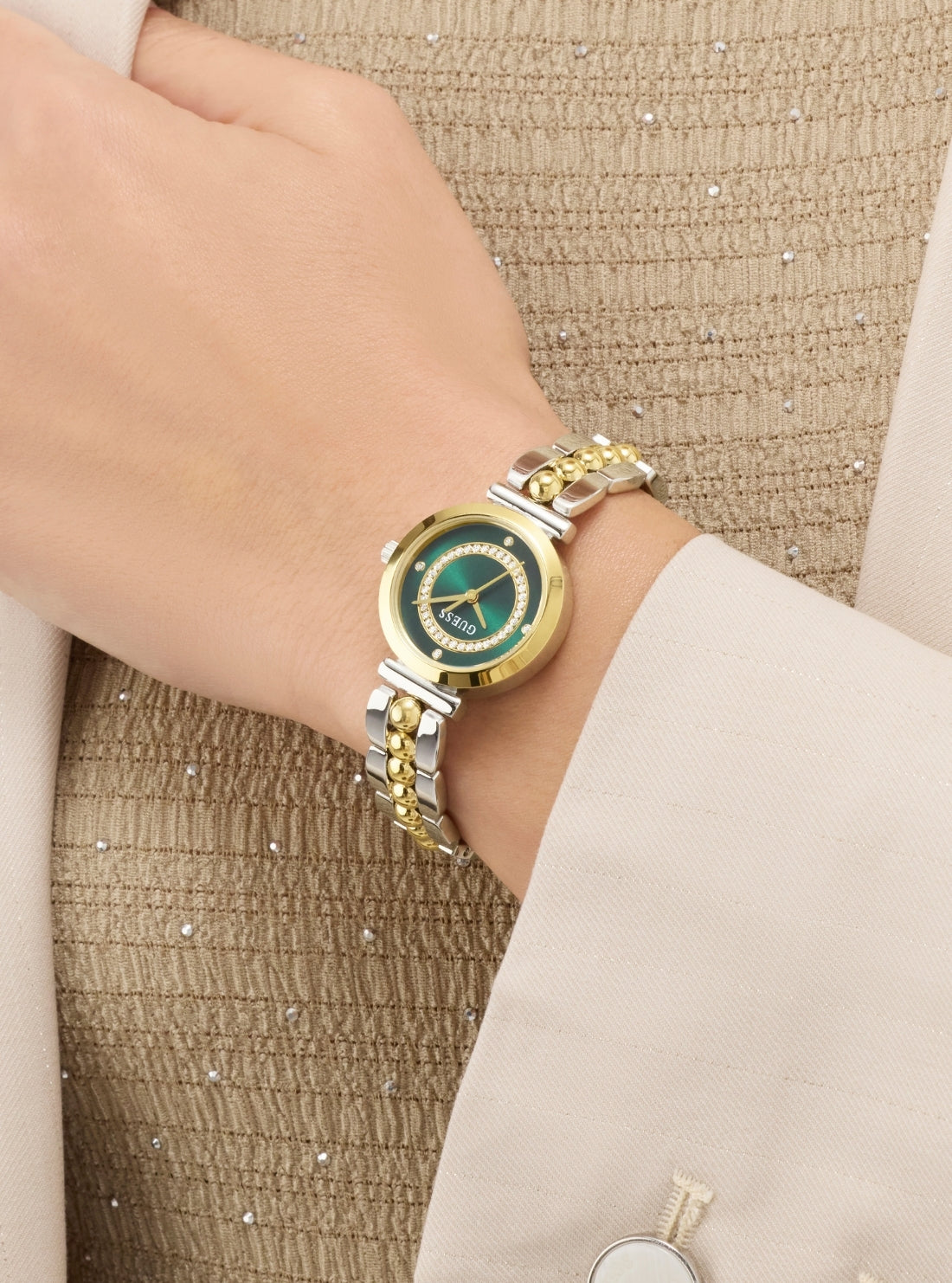GUESS Accessories Two-Tone Leena Green Dial Watch GW0994L3 Detail View