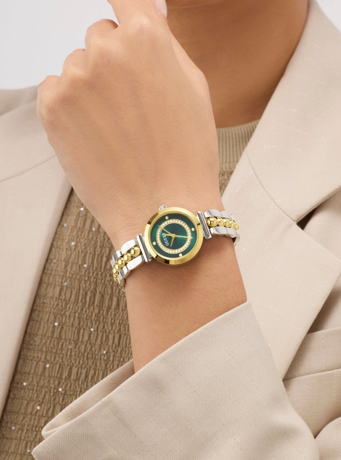 GUESS Accessories Two-Tone Leena Green Dial Watch GW0994L3 Detail View