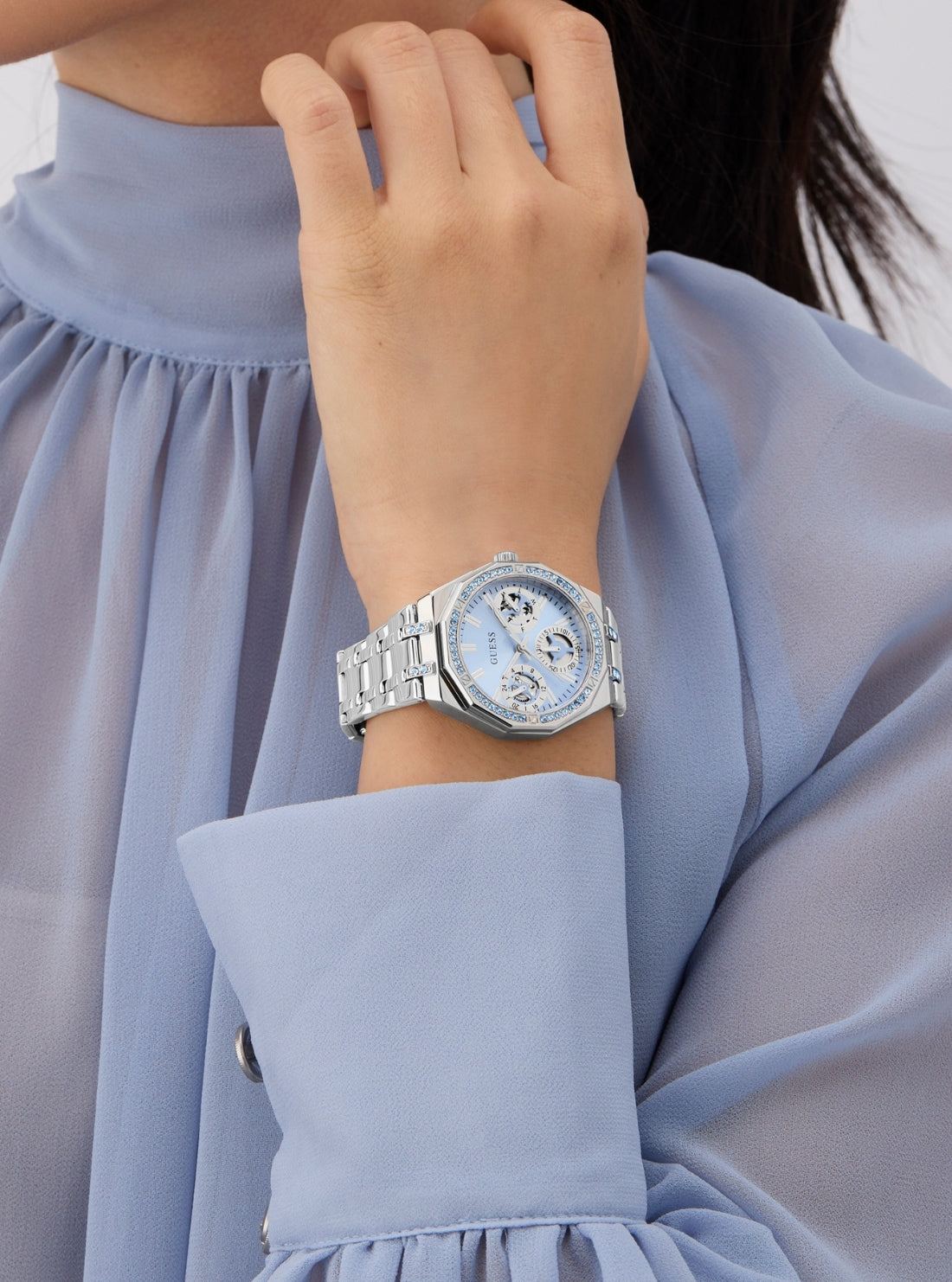 GUESS Accessories Silver Quinn Ice Blue Dial Watch GW1009L1 Detail View