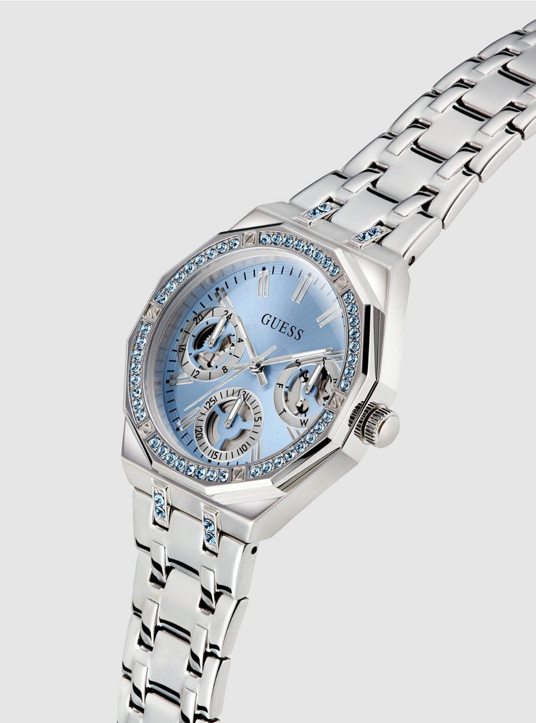 GUESS Accessories Silver Quinn Ice Blue Dial Watch GW1009L1 Front Side View