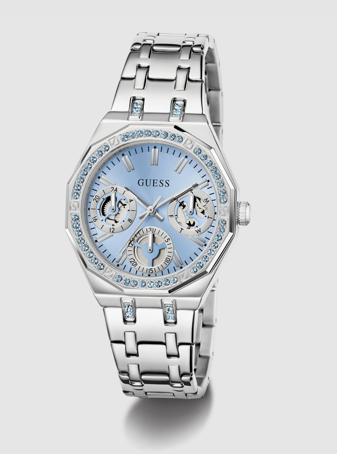 GUESS Accessories Silver Quinn Ice Blue Dial Watch GW1009L1 Front View_2
