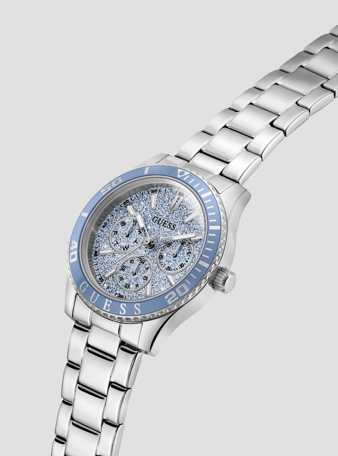 GUESS Accessories Silver Mariana Blue Dial Watch GW1035L1 Front Side View