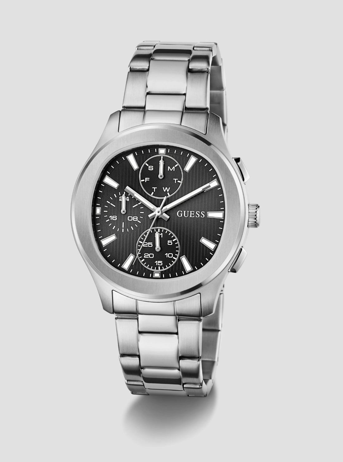 GUESS Accessories Silver Palmer Black Dial Watch GW1048G1 Front Side View