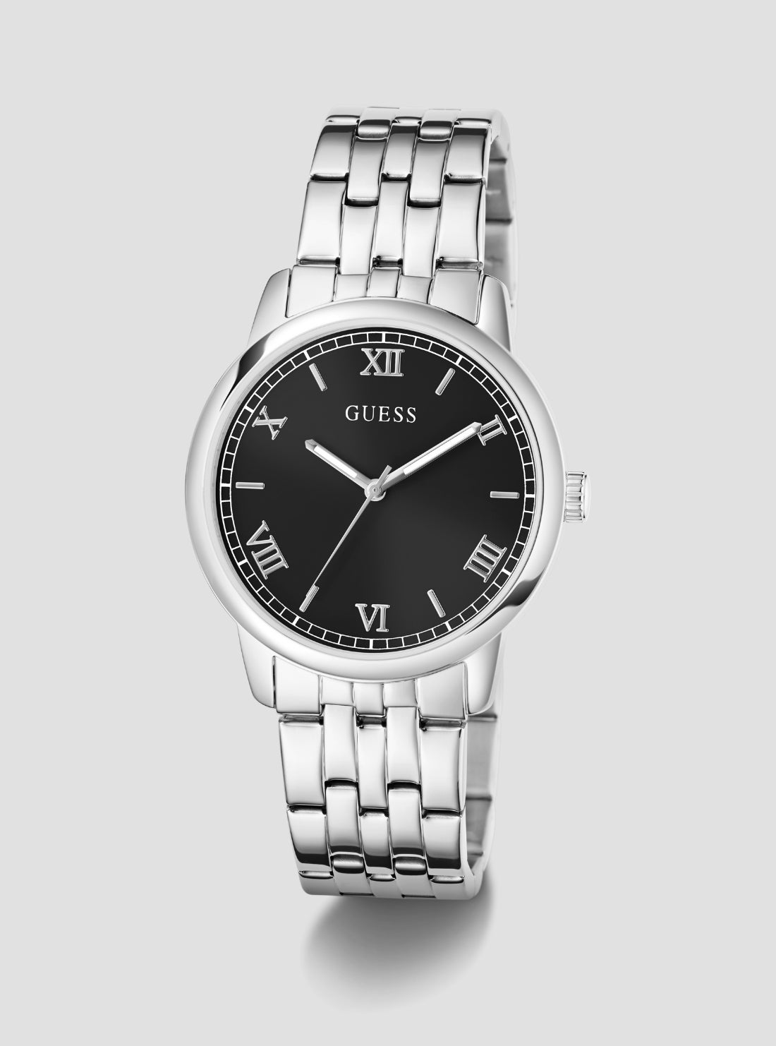 GUESS Accessories Silver Chandler Black Dial Watch GW1053G1 Front Side View