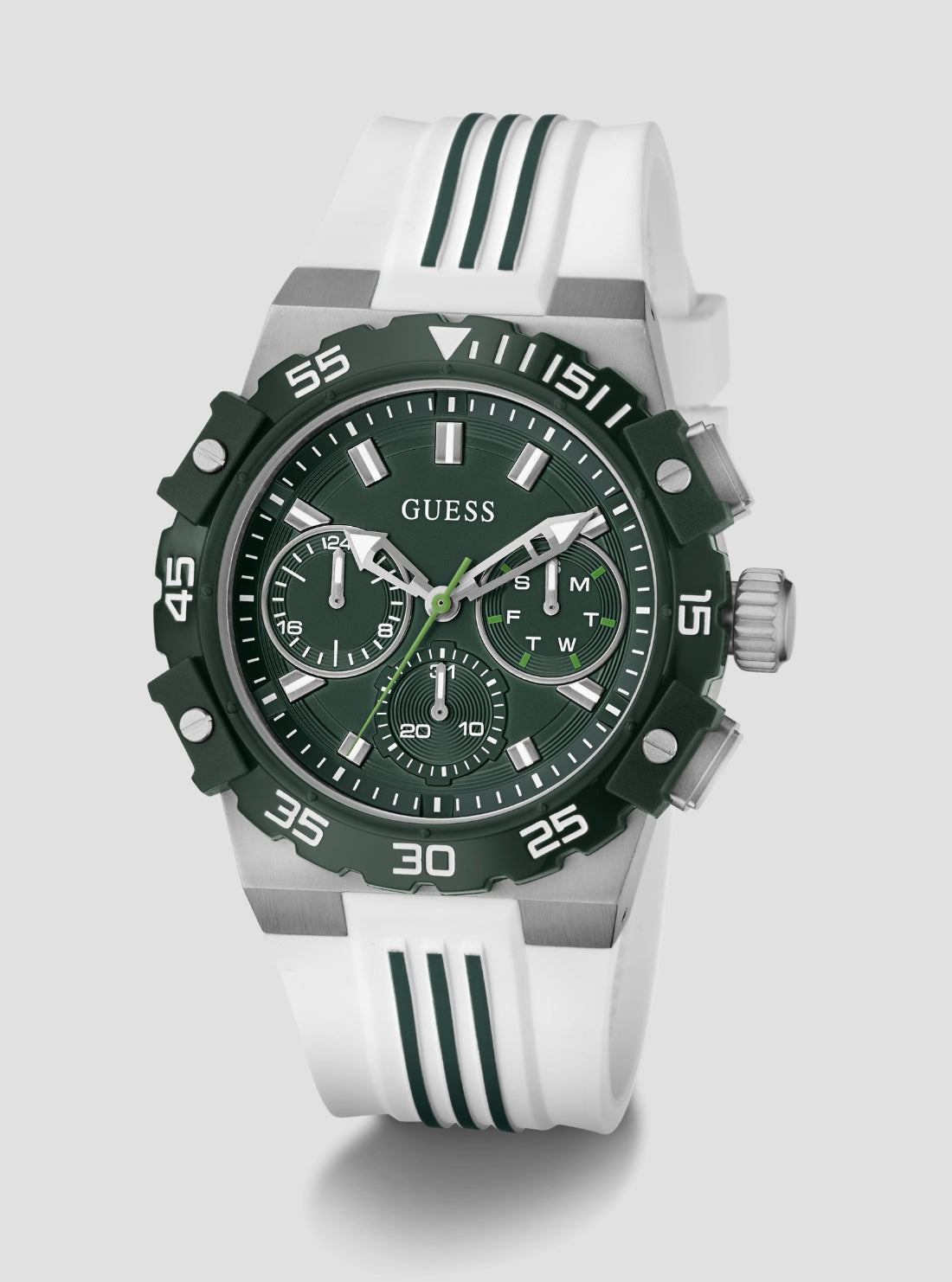 GUESS Accessories White Green Dial Fore Watch GW1059G1 Front Side View