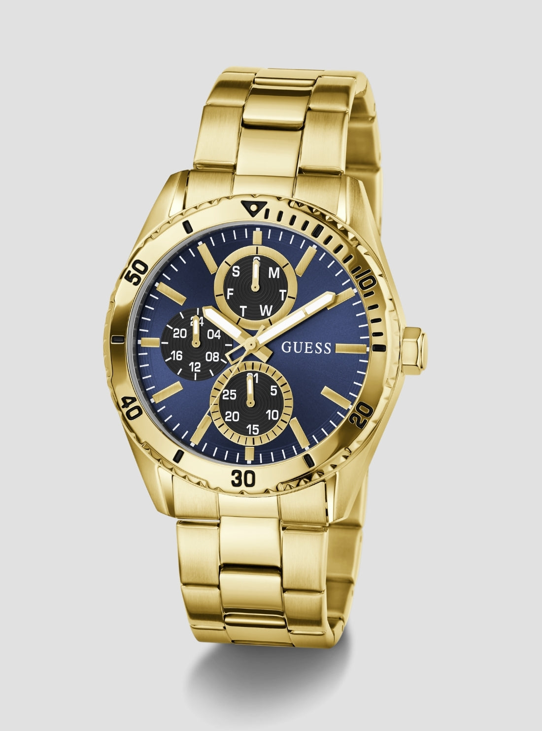 GUESS Accessories Gold Velocity Blue Dial Watch GW1061G2 Front Side View