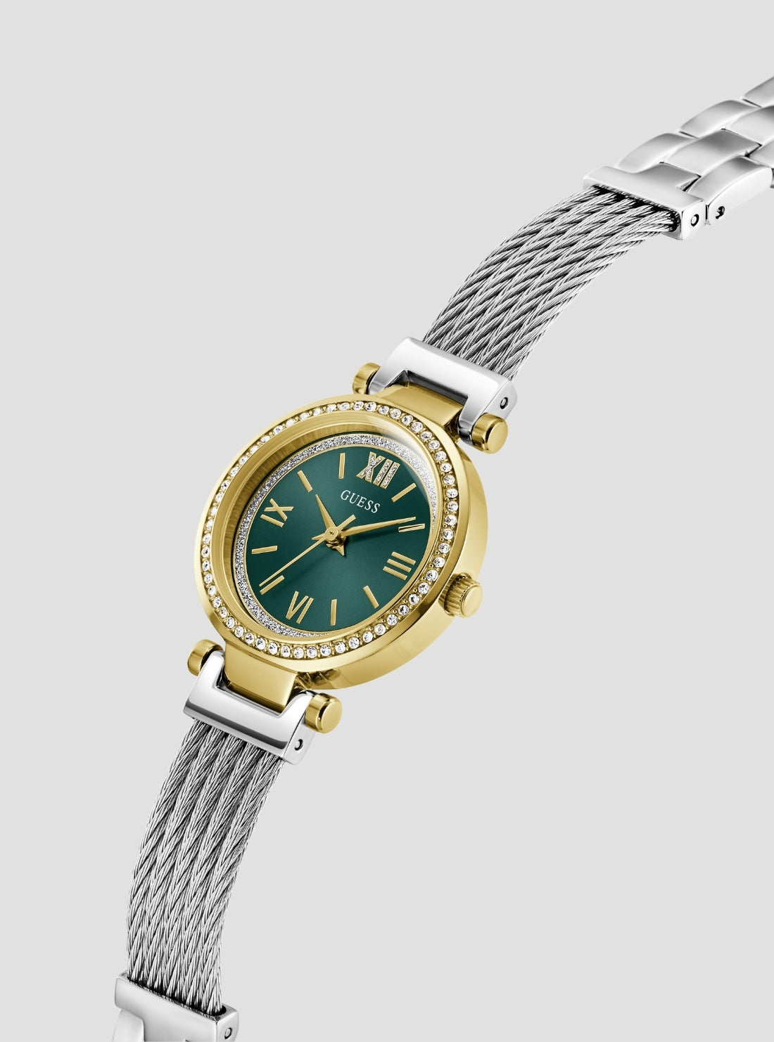 GUESS Accessories Silver Mini Soho Green Dial Watch GW1076L3 Front Side View