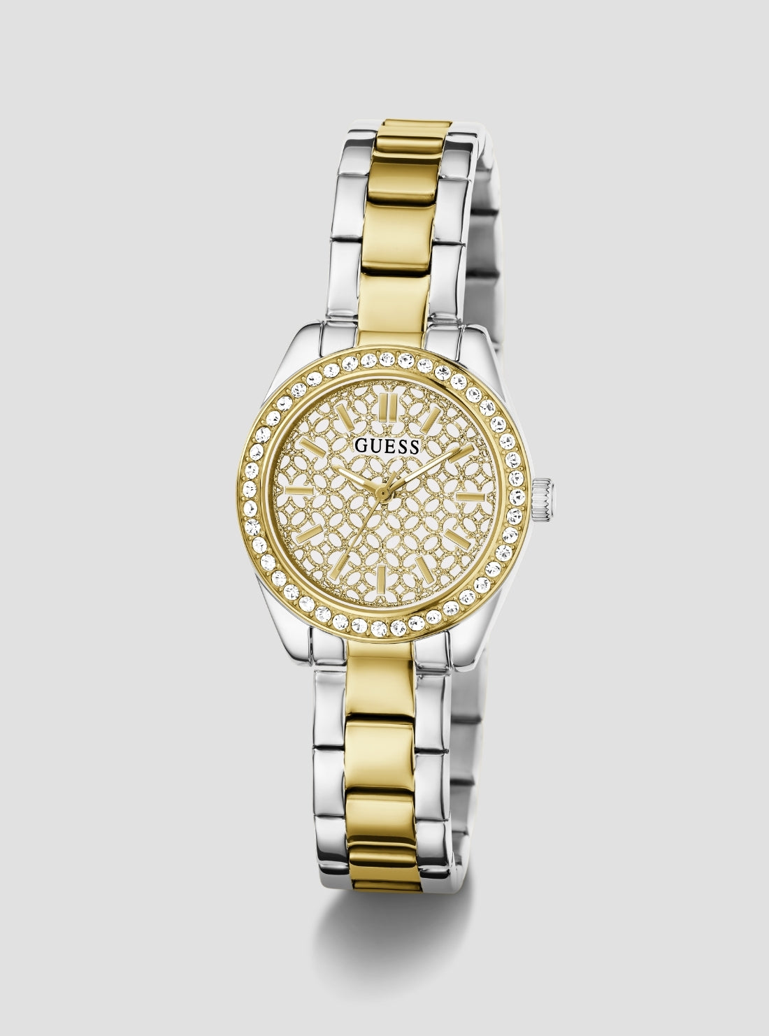 GUESS Accessories Silver Gold Mini Luna Crystal Watch GW1100L3 Front Side View
