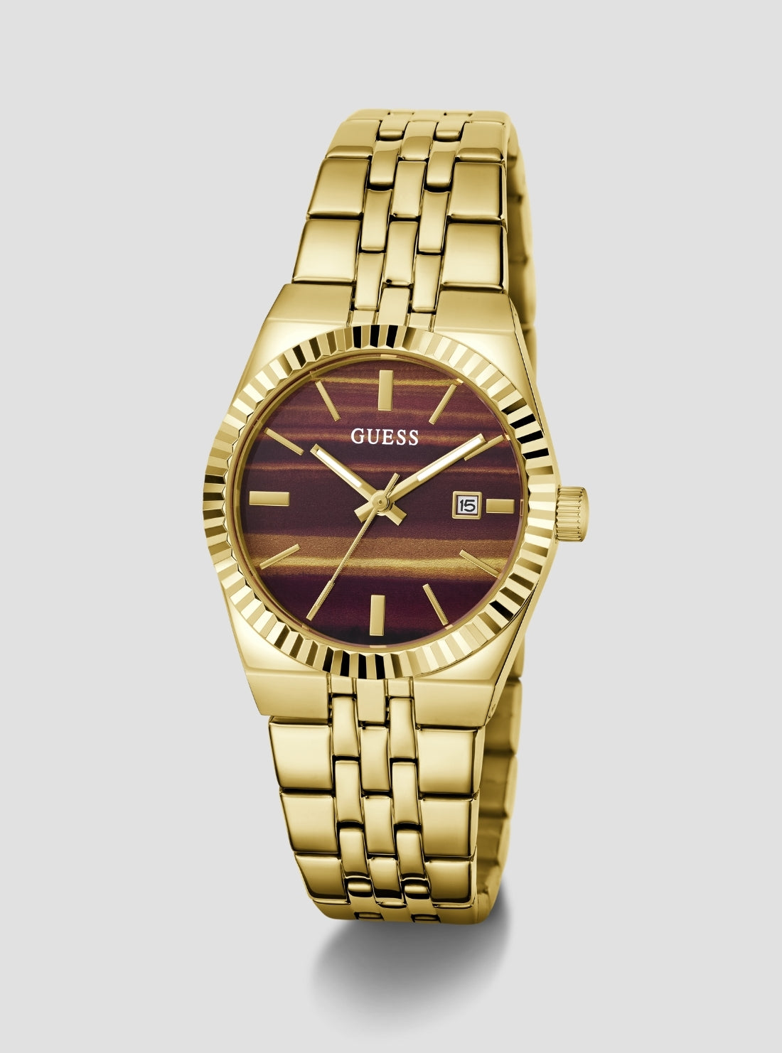 GUESS Accessories Gold Vera Burgundy Dial Watch GW1102L2 Front Side View