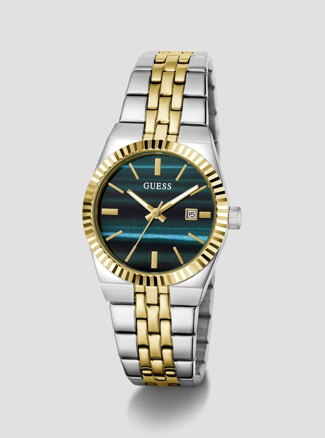 GUESS Accessories Silver Gold Vera Green Dial Watch GW1102L3 Front Side View