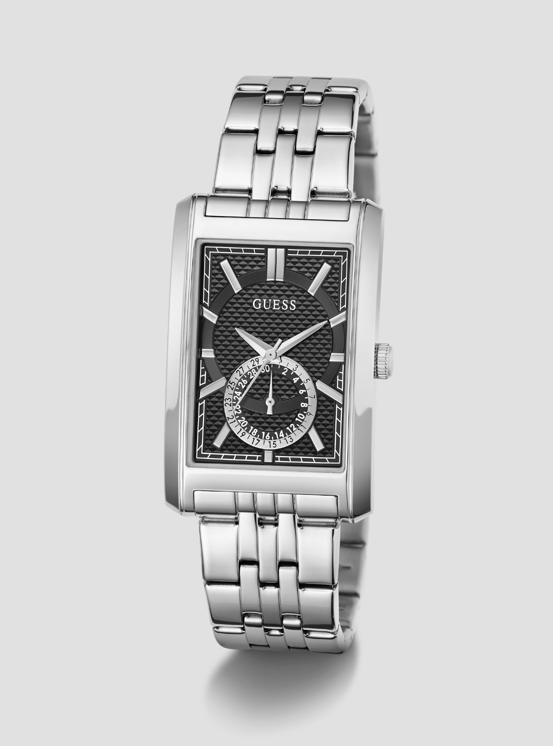 GUESS Accessories Silver Hugh Black Dial Watch GW1125G1 Front Side View
