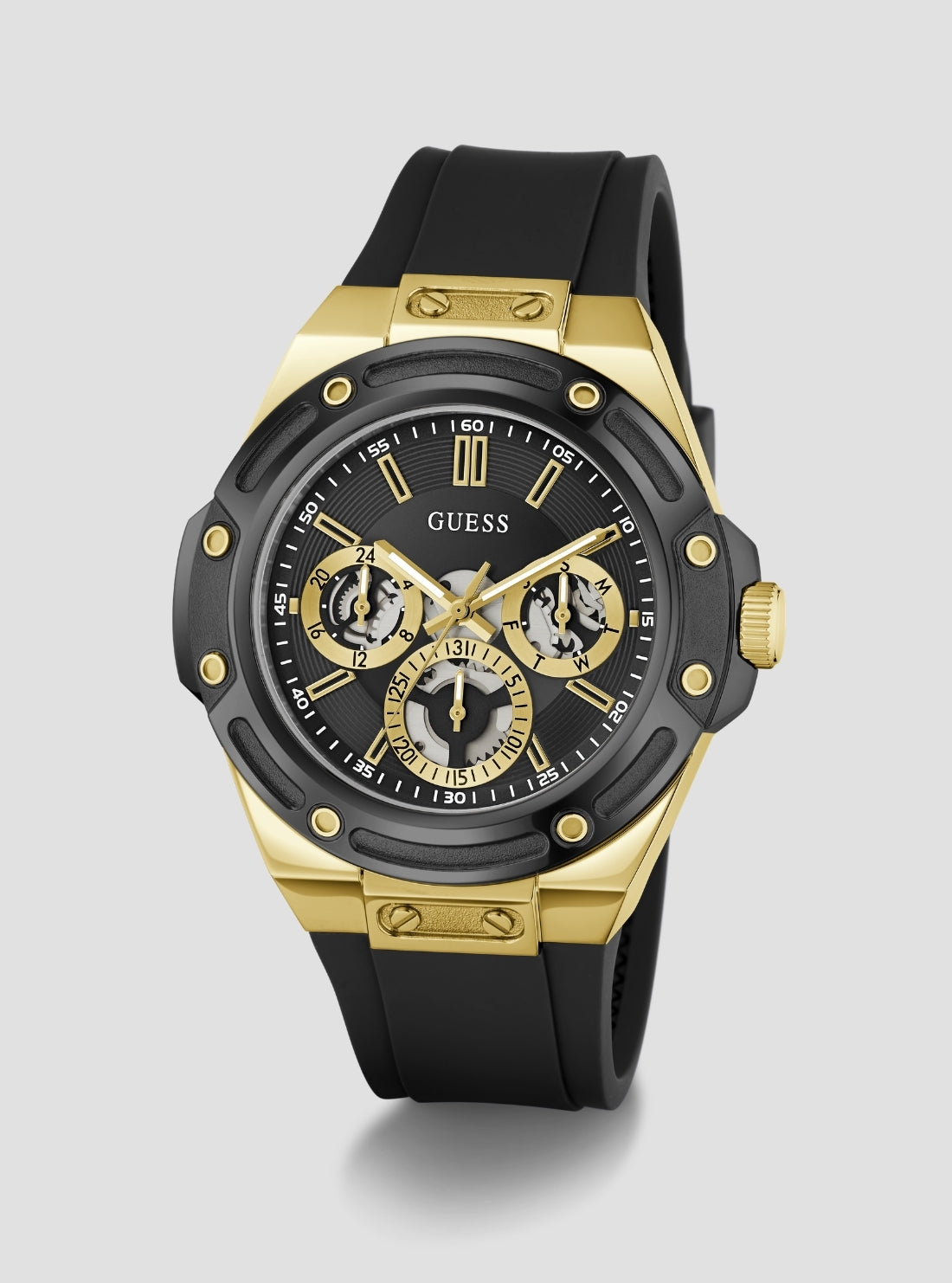 GUESS Accessories Black Gold Carver Multifunction Watch GW1132G2 Front Side View